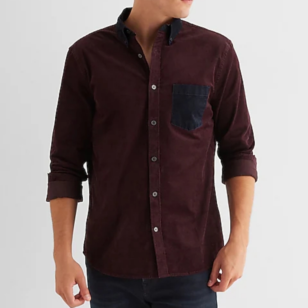 Men's Burgundy and Blue Shirt Corduroy XL Express Stretch